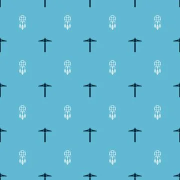 Set Pickaxe and Dream catcher with feathers on seamless pattern. Vector Stock Illustration