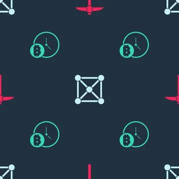 Set Pickaxe, Blockchain technology and Bitcoin with clock on seamless pattern イラスト素材