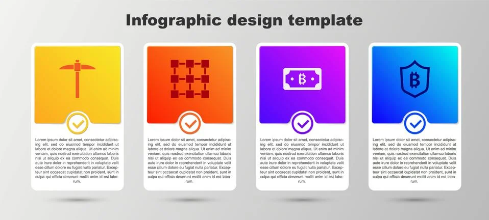 Set Pickaxe, Blockchain technology, Cryptocurrency bitcoin and Shield with Illustrazione stock
