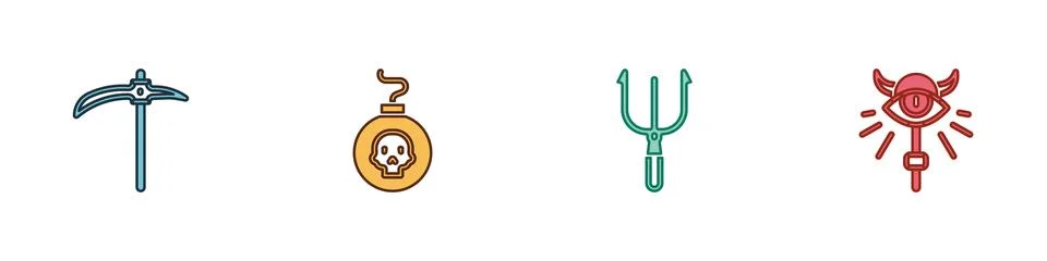 Set Pickaxe, Bomb ready to explode, Neptune Trident and Magic staff icon. Vector 스톡 일러스트