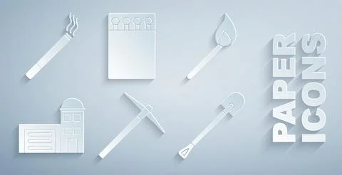 Set Pickaxe, Burning match with fire, Building of station, Fire shovel, Open Ilustración de archivo