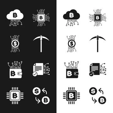 Set Pickaxe, Cryptocurrency bitcoin in circuit, cloud mining, CPU farm, wallet Stock Illustration