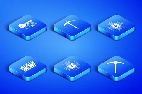 Set Pickaxe, Cryptocurrency key, Processor chip with dollar, bitcoin, and CPU 库存插图