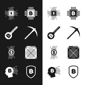 Set Pickaxe, Cryptocurrency key, Processor chip with dollar, CPU mining farm Stockillustratie