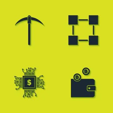 Set Pickaxe, Cryptocurrency wallet, Processor chip with dollar and Blockchain Illustrazione stock