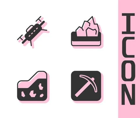 Set Pickaxe, Drone, Ground and Ore mining icon. Vector Stock Illustration