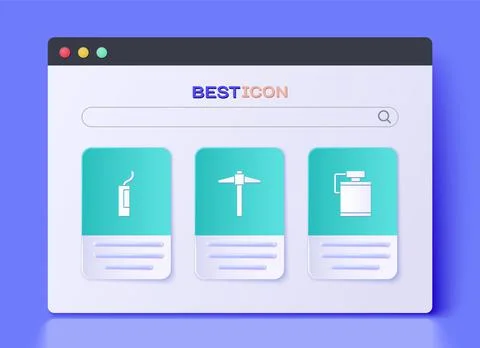 Set Pickaxe, Dynamite bomb and Canteen water bottle icon. Vector Stock Illustration