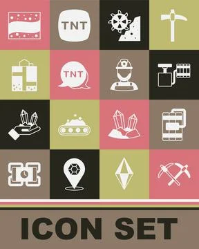 Set Pickaxe, Dynamite, Handle detonator, Bucket wheel excavator, Mine entrance Ilustração Stock