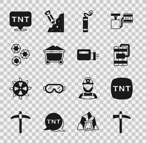 Set Pickaxe, Dynamite, Mine coal trolley, Gem stone, and Flashlight icon. Vector Stock Illustration