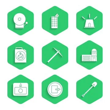 Set Pickaxe, Fire exit, shovel, Building of fire station, alarm system, Canister Ilustración de archivo