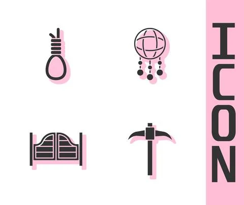 Set Pickaxe, Gallows rope loop hanging, Saloon door and Dream catcher with Illustrazione stock