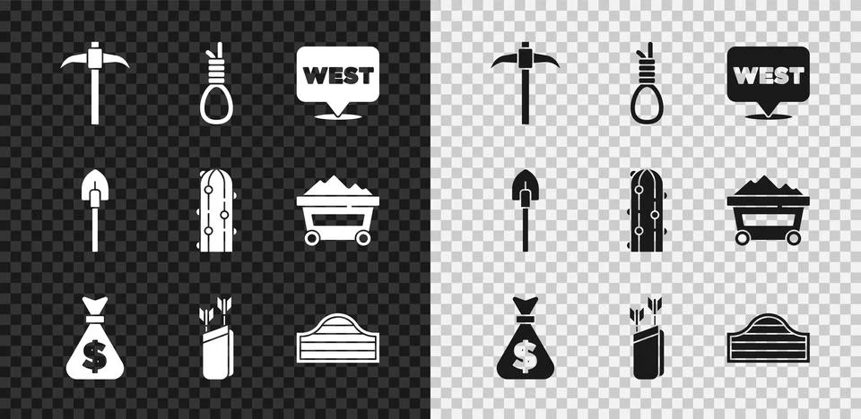 Set Pickaxe, Gallows rope loop hanging, Pointer to wild west, Money bag, Quiver Stock Illustration