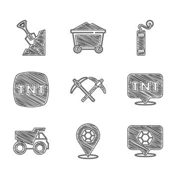 Set Pickaxe, Gem stone, Dynamite, Mining dump truck, and Shovel and icon. Vector Stock Illustration