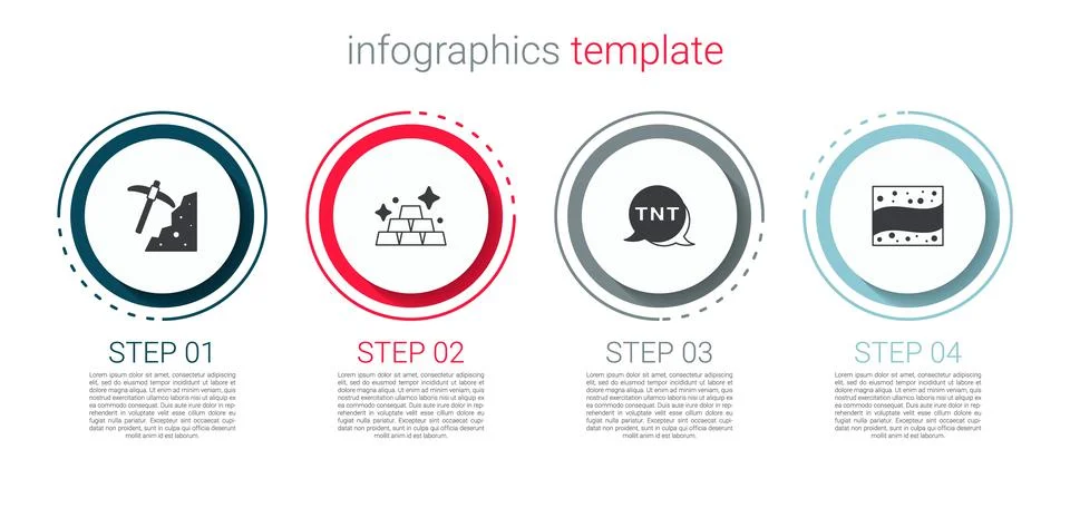 Set Pickaxe, Gold bars, Dynamite and mine. Business infographic template. Vector Stock Illustration