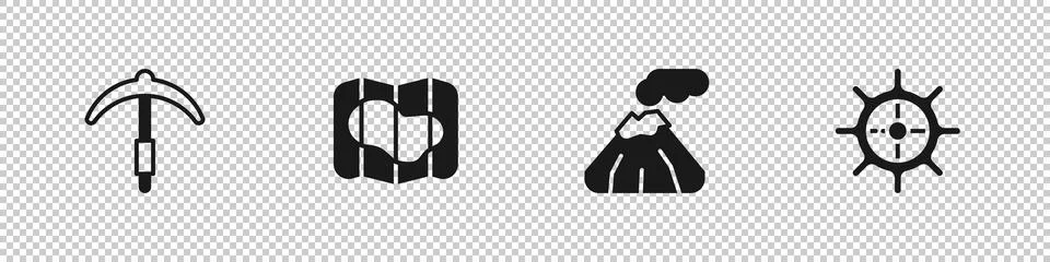 Set Pickaxe, Map of Iceland, Volcano and Ship steering wheel icon. Vector Stock Illustration