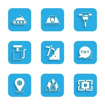 Set Pickaxe, Mine entrance, Dynamite, Gem stone, Handle detonator, Construc.. Stock Illustration