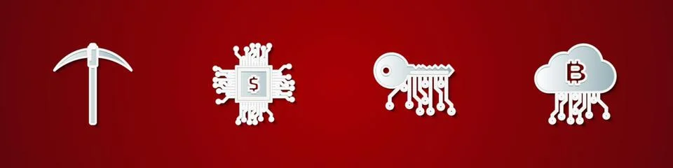 Set Pickaxe, Processor chip with dollar, Cryptocurrency key and cloud mining Stock Illustration