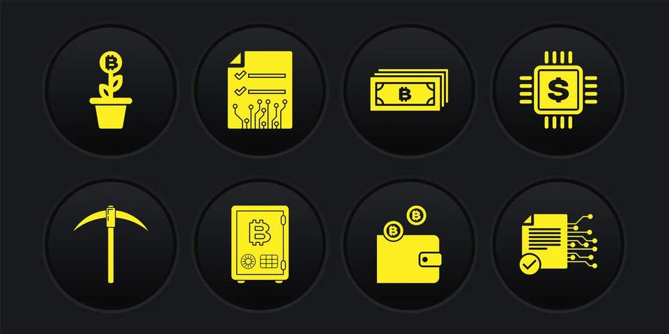 Set Pickaxe, Processor chip with dollar, Proof of stake, Cryptocurrency wallet 스톡 일러스트