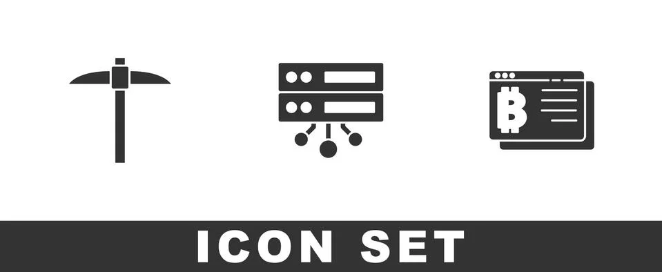 Set Pickaxe, Server and Bitcoin in browser icon. Vector 스톡 일러스트
