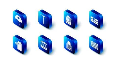 Set Pickaxe, Slot machine, Stacks paper money cash, American flag, Rocket launch Stock Illustration
