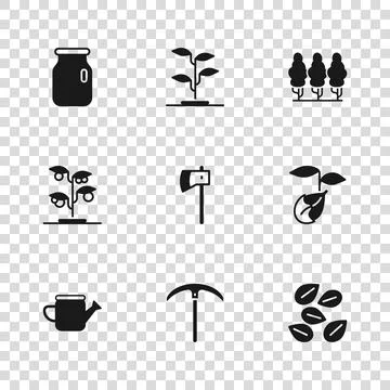 Set Pickaxe, Sprout, Seeds of specific plant, Wooden, Fruit trees, Glass ja.. Stock Illustration