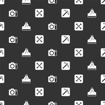 Set Pickaxe, Volcano, Photo camera and Archeology on seamless pattern. Vector Illustrazione stock