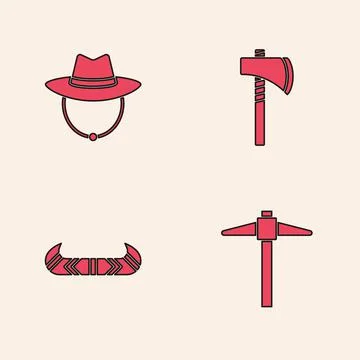 Set Pickaxe, Western cowboy hat, Tomahawk and Kayak or canoe and paddle icon Stock-Illustration