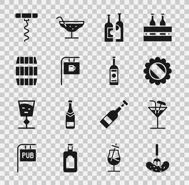 Set Pickled cucumber on a fork, Cocktail, Bottle cap, Bottles of wine, Street Stock Illustration