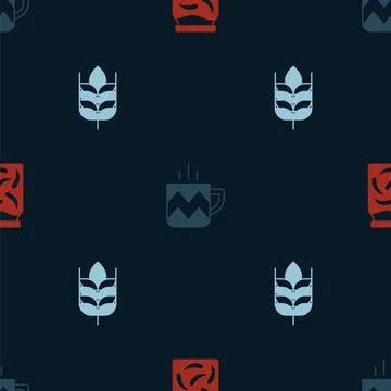 Set Pickled cucumbers in a jar, Cup of tea and Wheat on seamless pattern. Vector 스톡 일러스트