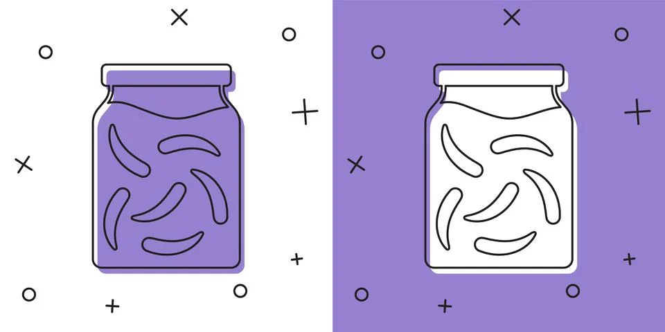 Set Pickled cucumbers in a jar icon isolated on white and purple background.  Stock Illustration