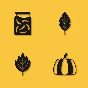 Set Pickled cucumbers in a jar, Pumpkin, Leaf and icon with long shadow. Vector Illustrazione stock