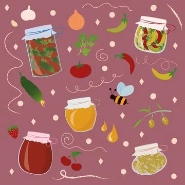 Set with pickled vegetables, jam and honey Stock Illustration