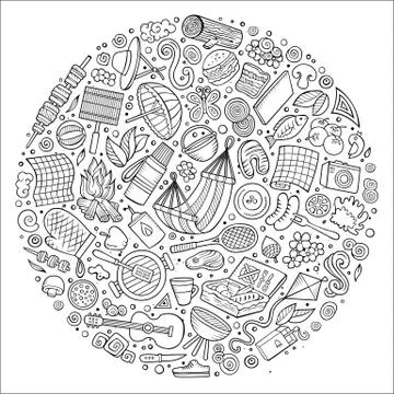 Set of Picnic cartoon doodle objects, symbols and items Illustrazione stock