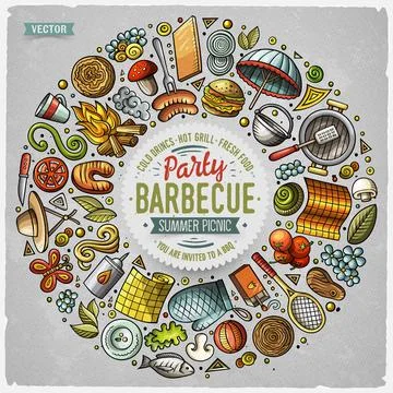 Set of Picnic cartoon doodle objects, symbols and items Ilustração Stock