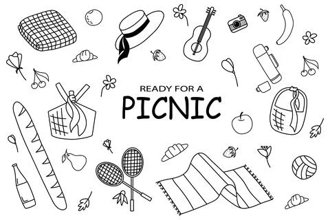 Set for a picnic Hand-drawn linear elements. Stock Illustration