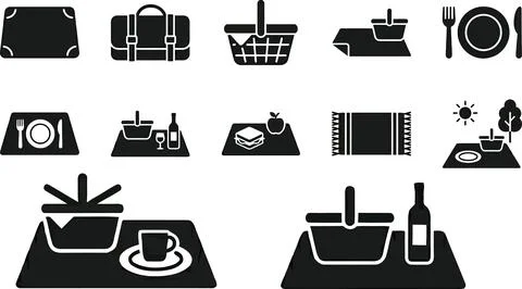 Set of picnic icons vector, illustration with picnic basket, blanket, food,.. 스톡 일러스트