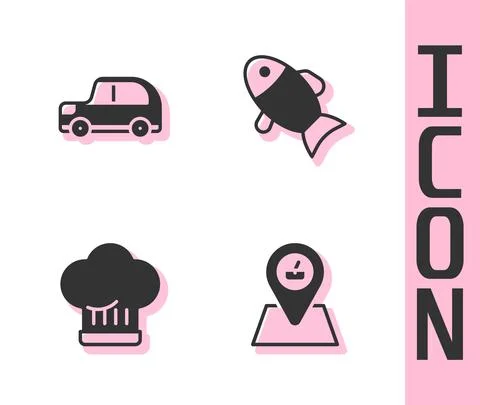 Set Picnic location, Car, Chef hat and Fish icon. Vector Stock Illustration