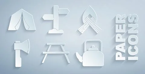 Set Picnic table with benches, Campfire, Wooden axe, Kettle handle, Road traffic Illustration