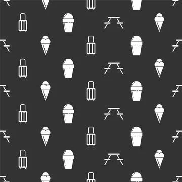Set Picnic table with benches, Ice cream in waffle cone, Suitcase and Ice cream Illustration