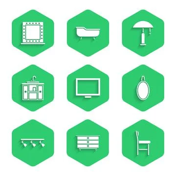 Set Picture frame on table, Chest of drawers, Chair, Mirror, Led track lights Stock-Illustration
