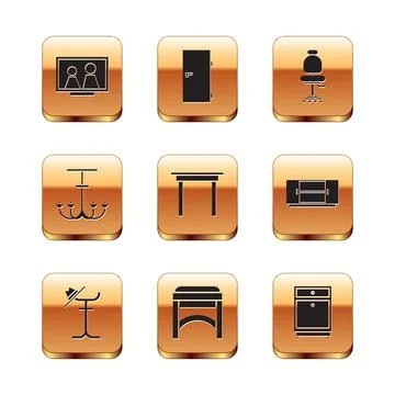 Set Picture frame on table, Coat stand, Chair, Wooden, Chandelier, Office chair Illustrazione stock