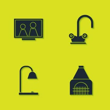 Set Picture frame on table, Interior fireplace, Table lamp and Water tap icon Illustration