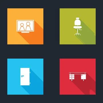 Set Picture frame on table, Office chair, Closed door and desk icon. Vector Illustrazione stock