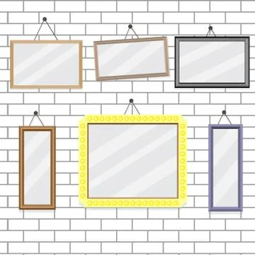 Set of picture frames on brick wall template Stock Illustration