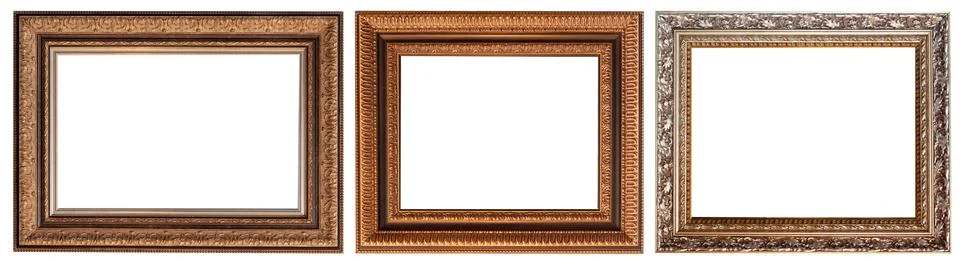 Set of picture frames isolated on white background antique carved gold Stockfoto's