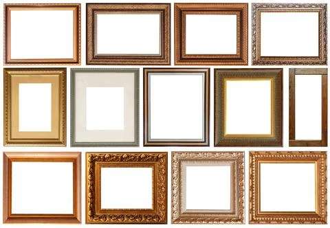 Set of picture frames isolated on white background antique carved gold Stock Photos