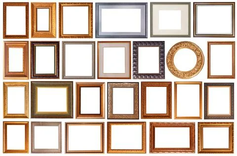 Set of picture frames isolated on white background antique carved gold 写真素材