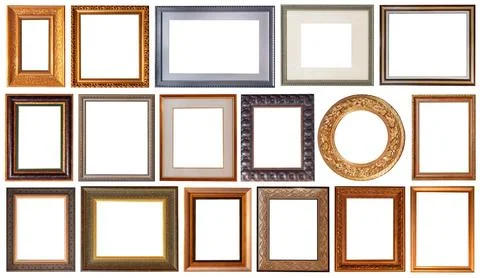 Set of picture frames isolated on white background antique carved gold 写真素材