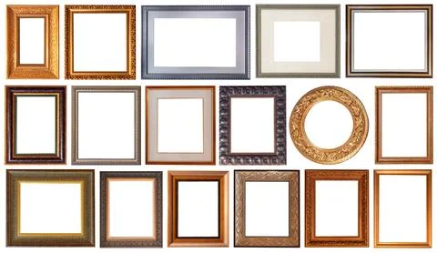 Set of picture frames isolated on white background antique carved gold 写真素材
