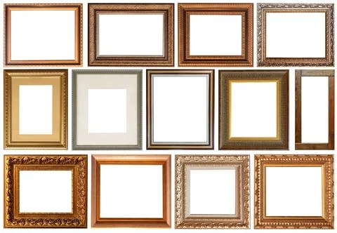 Set of picture frames isolated on white background antique carved gold Stock Photos